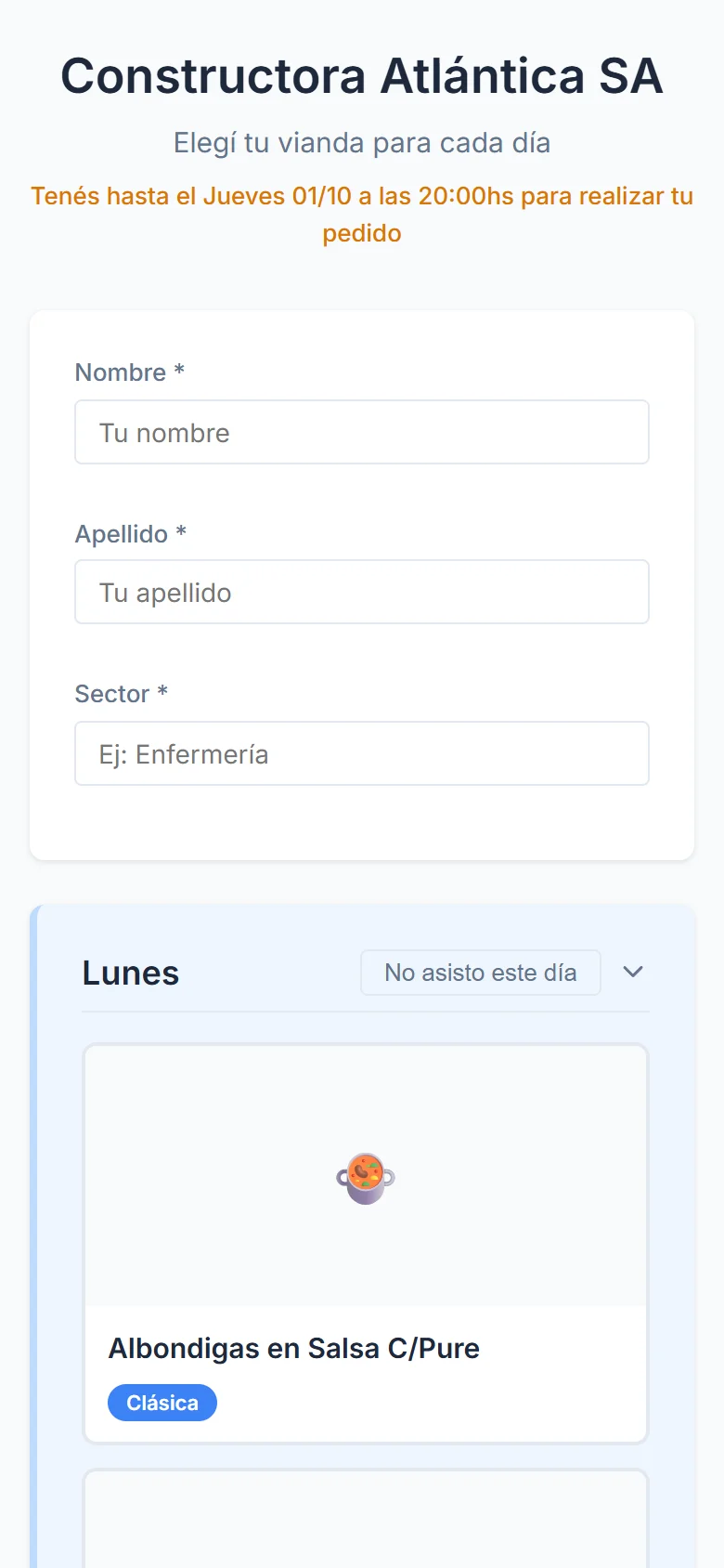 Página de pedidos de la Constructora Atlántica en el celular, donde cada empleado elige su vianda