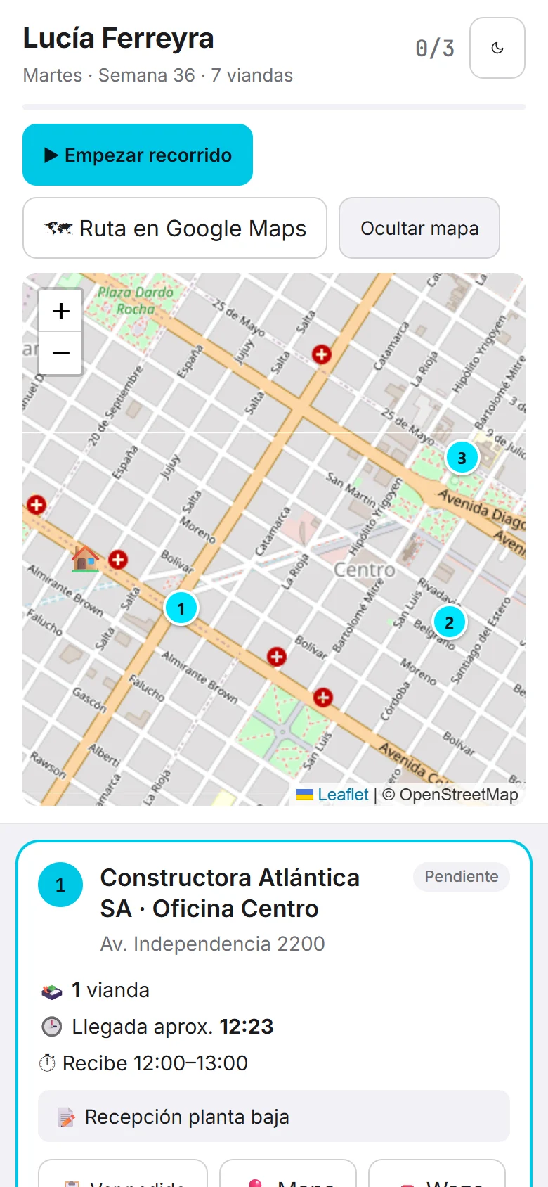 Mapa del recorrido en el celular del repartidor